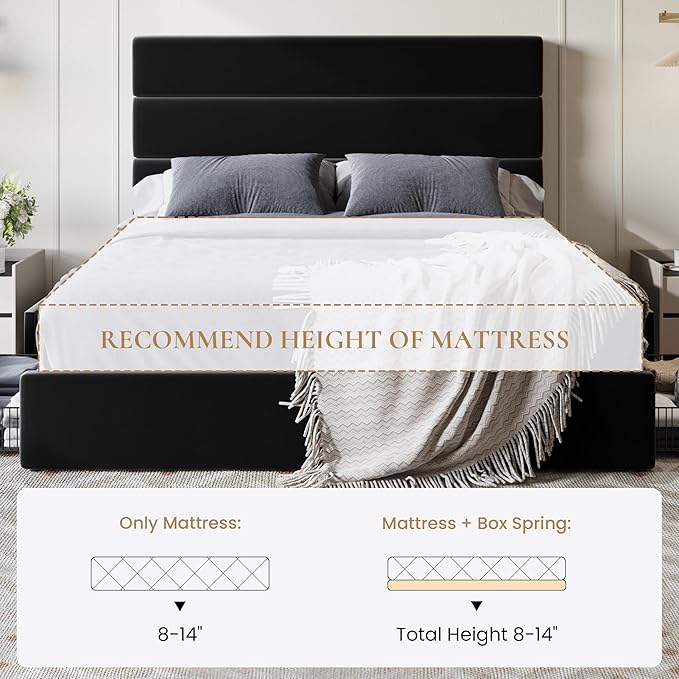 SHA CERLIN Full Size Platform Bed Frame with 4 Storage Drawers, Velvet Upholstered Headboard, Mattress Foundation with Wooden Slats Support, No Box Spring Needed, Easy Assembly, Black