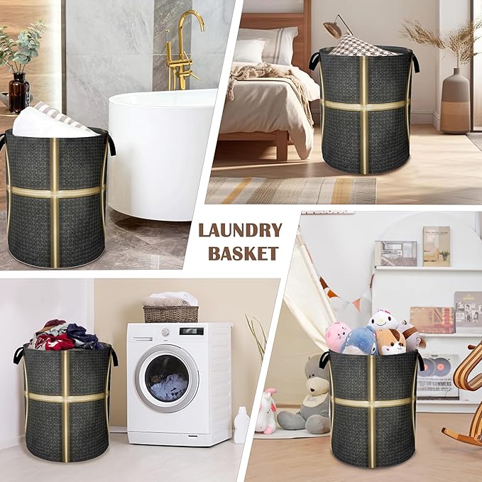 Large Laundry Basket,Black Basketball Collapsible Laundry Baskets,Golden Lines Waterproof Oxford Hamper with Handles for Bathroom Bedroom Nursery Home Storage 16"x20"