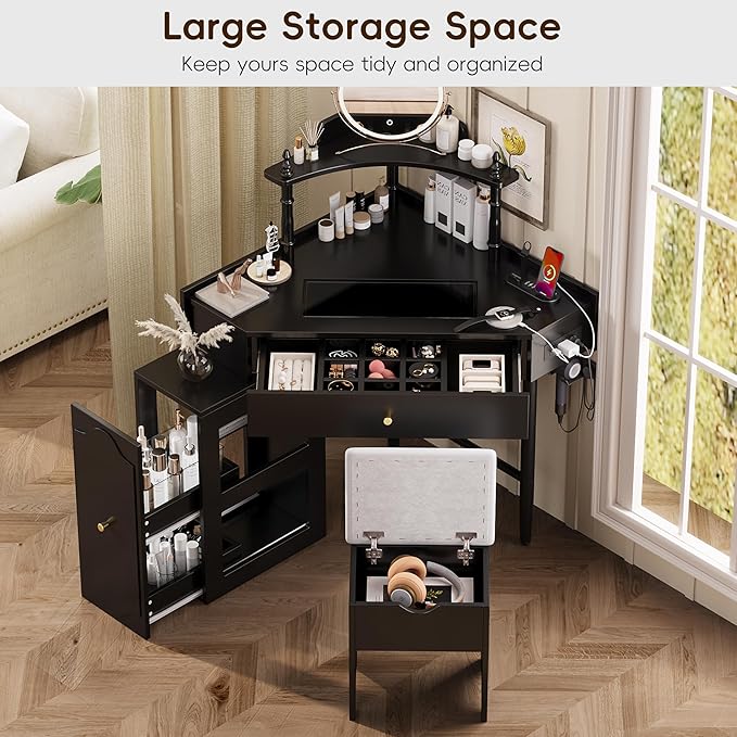 Merax Corner Vanity Desk Set with Storage Cushioned Stool & Charging Station, Triangle Makeup Desk with Removable Pull-Out Side Cabinet, Glass Tabletop Makeup Vanity with Drawer & Shelf, Black