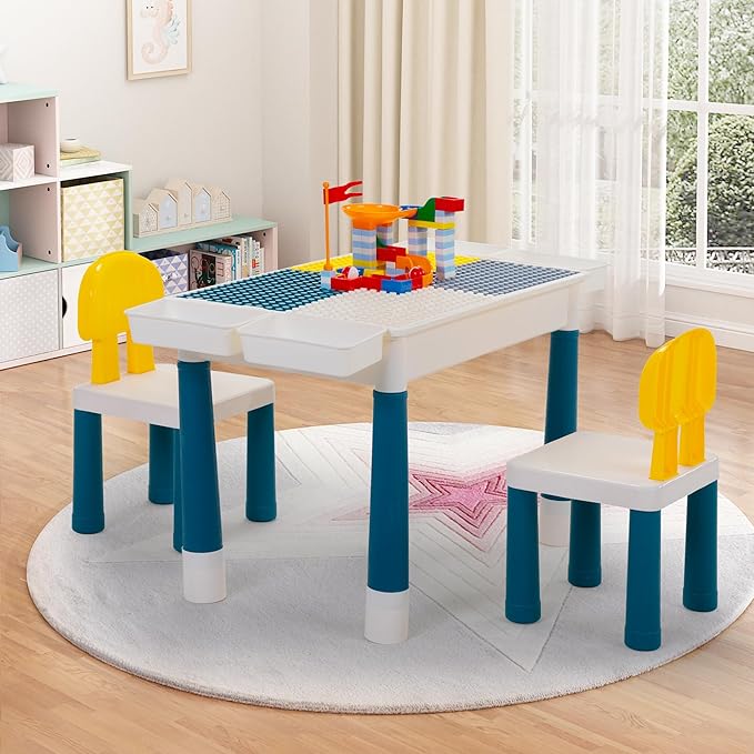 Sandinrayli 7 - in - 1 Kids Activity Table Set with 2 Chairs & 100Pcs Blocks | Water/Sand Play Table for Toddler Age 3-6 (Macaron)