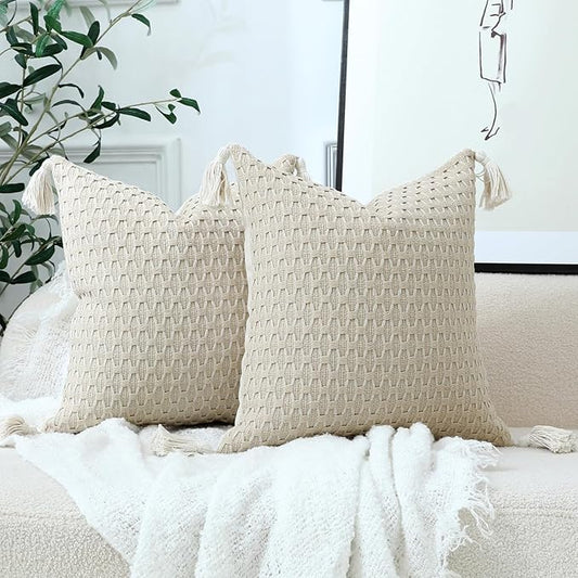 sykting Boho Outdoor Pillow Covers 18x18 Set of 2 Thick Woven Neutral Beige Throw Pillow Covers with Tassels for Couch Sofa Living Room