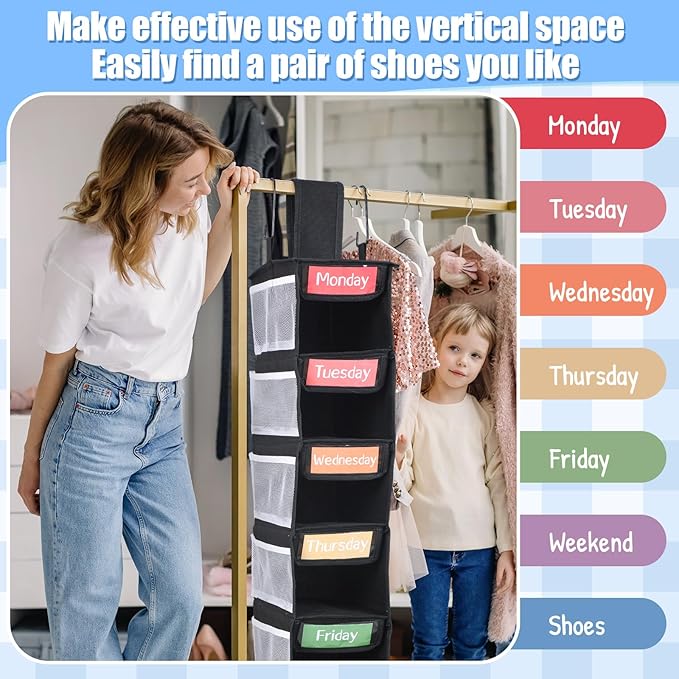 2 Pack 7 Shelf Weekly Clothes Organizer Hanging Closet for Kids with Side Pockets Weekday Shoes Rack Weekly Clothes Organizers Monday Through Weekend Foldable Storage Shelves(Black)