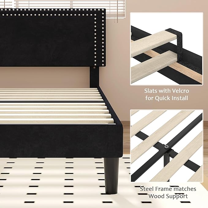 VECELO Full Size Platform Bed Frame with Adjustable Upholstered Headboard, Modern Mattress Foundation,Strong Wood Slat Support, No Box Spring Needed, Easy Assembly