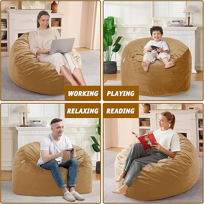 3FT Bean Bag Chair with Ultra Soft Velvet Cover Bean Bag Sofa with Memory Foam Bean Bag Chairs with Large Size Lazy Sofa for Dorm Office Living Room Bedroom Camel 3'