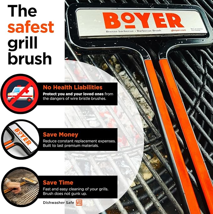 The Boyer Brush™ - The Safest Grill Brush, Wire-Bristle Free, All-Metal Construction, Cast Aluminum Body, Stainless Steel Wire Spring Coil, Fire Resistant