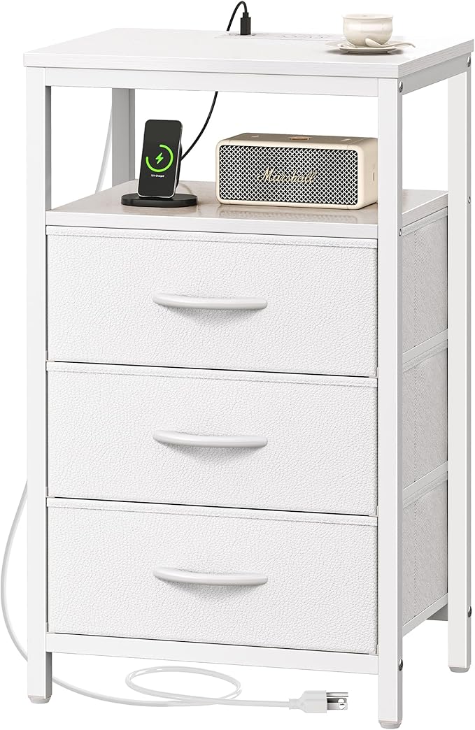 Huuger Nightstand with Charging Station, 27.6 Inch Side Table with Drawers, PU Leather Finish, End Table Bedside Table with USB Ports and Outlets, Night Stand for Bedroom, White