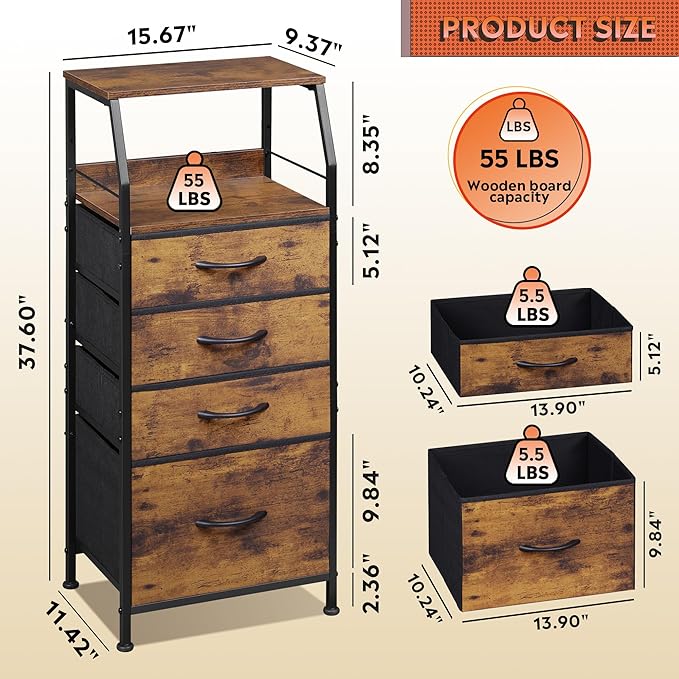 WLIVE Tall Nightstand with 4 Fabric Drawers & Open Shelf, Bedside Table for Bedroom, Modern Tall Dresser, Rustic Brown Wood Grain