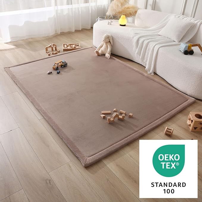 Stylish Coral Velvet Baby Play Mat for Floor 60" x 80" Brown – Soft 1" Thick High-Density Memory Foam Nursery Rug,Kids Rug with Non-Slip Backing for Crawling & Playing, Playroom Rug, Kids Carpet