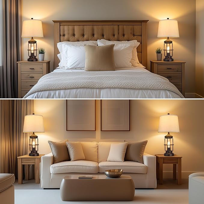 Qimh Table Lamp for Bedroom Set of 2 with USB A+C Ports, Farmhouse Bedside Lamp with Night Light, 3-Way Dimmable Touch Control, Rustic Industrial Nightstand Lamp for Living Room (2700K Bulbs Included)