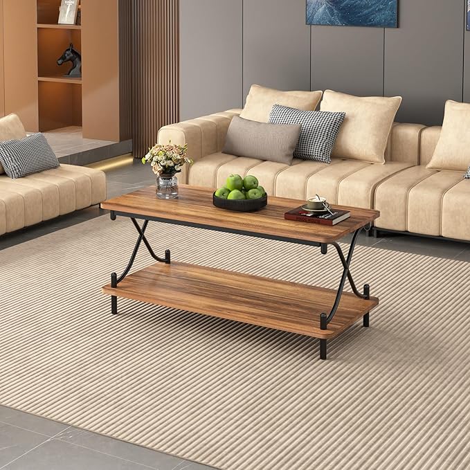VECELO 39-Inch Coffee Table with Storage and Open Shelves for Living Dining Room, Modern Rectangle & Industrial Design, X-Shape Frame, Brown