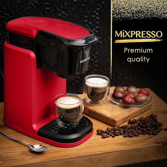 Mixpresso Single Cup Coffee Maker, Personal Single Serve Coffee Brewer Machine, Compatible with Single-Cups, Quick Brew Technology, One Touch Function Red Coffee Maker, 12oz One Cup Coffee Maker