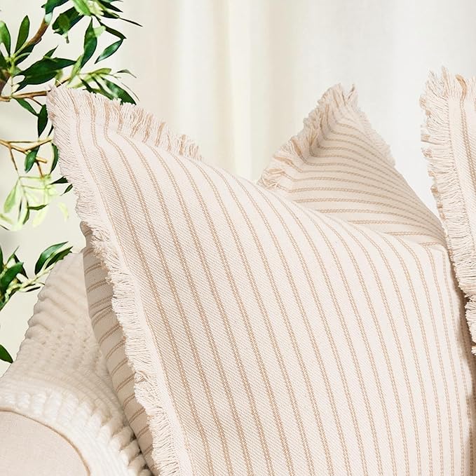 ZWJD Throw Pillow Covers 26x26 Set of 2 Striped Pillow Covers with Fringe Chic Cotton Decorative Pillows Square Cushion Covers for Sofa Couch Bed Living Room Farmhouse Decor
