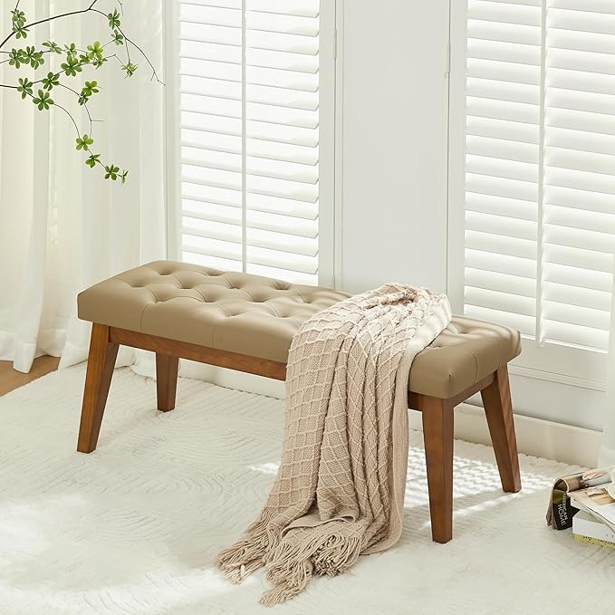 43.5'' Faux Leather Bedroom Bench, Upholstered End of Bed Bench with Tufted Button, Padded Vintage Dining Bench, Entryway Bench with Solid Wood Legs, Kitchen, Living Room, Hallway, Light Brown Tufted