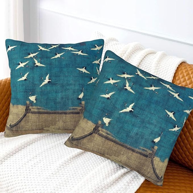 Blue Vintage Chinoiserie Bird Throw Pillow Covers 18x18 Inch Set of 2 Farmhouse Rustic Pillow Case Antique Country Home Decor Cushion Cover of Sofa Living Room Bedroom
