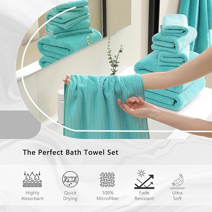 18 Piece Bath Towels Set,Ultra Soft Family Bathroom Towel Set with Hanging Loops-6 Bath Towels,6 Hand Towels,6 Washcloths,Highly Absorbent Quick Dry Shower Towel for Bathroom,Hotel,Spa-Teal Towel Set