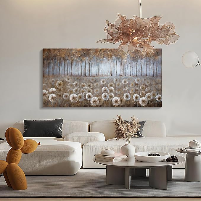 Large Living Room Wall Decor Brown Dandelion Canvas Wall Art Abstract Tree Forest Theme Picture Wall Decoration Modern Framed Prints Artwork Ready to Hang for Bedroom Home Wall Decor Size 29x58 inch