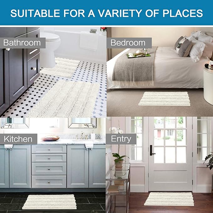 H.VERSAILTEX Bathroom Rugs Bath Rug Set 2 Piece Bathroom Contour Rug Toilet Mat Sets Non Slip Contour Bath Rug Ultra Thick Water Absorbent Striped Bath Mats Washable(36" x 24" Plus 20" x 24" U, Cream)