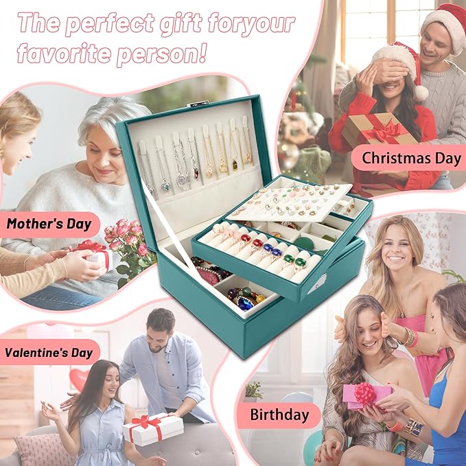 Homeanda Jewelry box 2 layer Jewelry box Leather Jewelry boxes for Women Girls Teens Jewelry organizer box Jewelry Storage box with lock(Green)