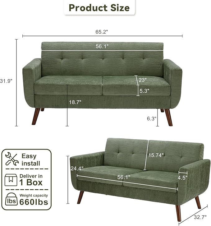 Tbfit 65" W Loveseat Sofa, Mid Century Modern Couches Love Seats for Living Room, Button Tufted Upholstered Small Couch for Bedroom, Solid and Easy to Install Love Seats Furniture, Green