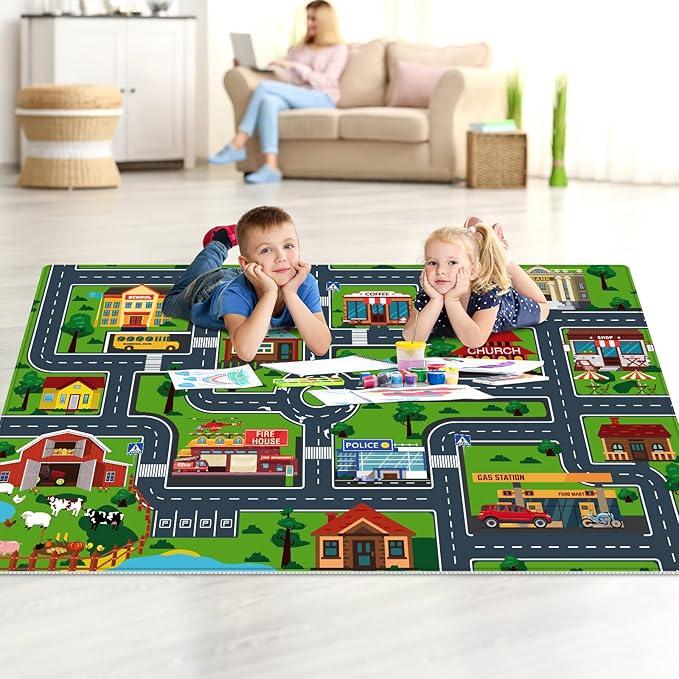 Kids Carpet Playmat, Kids Rug for Playroom Car Mat Town City Road Map Playmat, Extra Large Boys Kids Car Track Play Rug Bedroom, Living Room (Style Four, 59X 39.4 INCH)