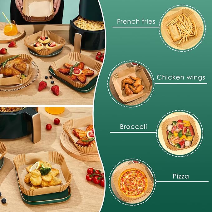 300 Pcs Air Fryer Paper Liners, 8" Square Air Fryer Liners Disposable, Heavy-duty Parchment Paper for 5-8 qt Airfryer Basket, Non-Stick & Grease Proof Baking Liner for Oven Pan