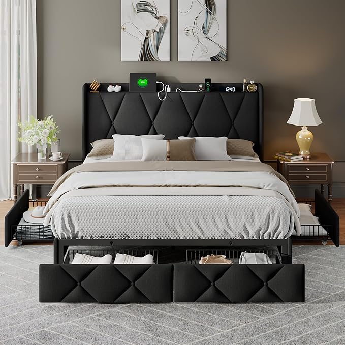 Feonase Full Size Bed Frame with 4 Storage Drawers, Upholstered Platform Bed with Charging Station, Wingback Storage Headboard, Wooden Slats Support, No Box Spring Needed, Easy-Assembly, Black