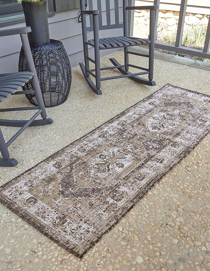 Unique Loom Outdoor Traditional Collection Area Rug - Valeria (2' x 6' 1" Runner, Charcoal/ Natural)