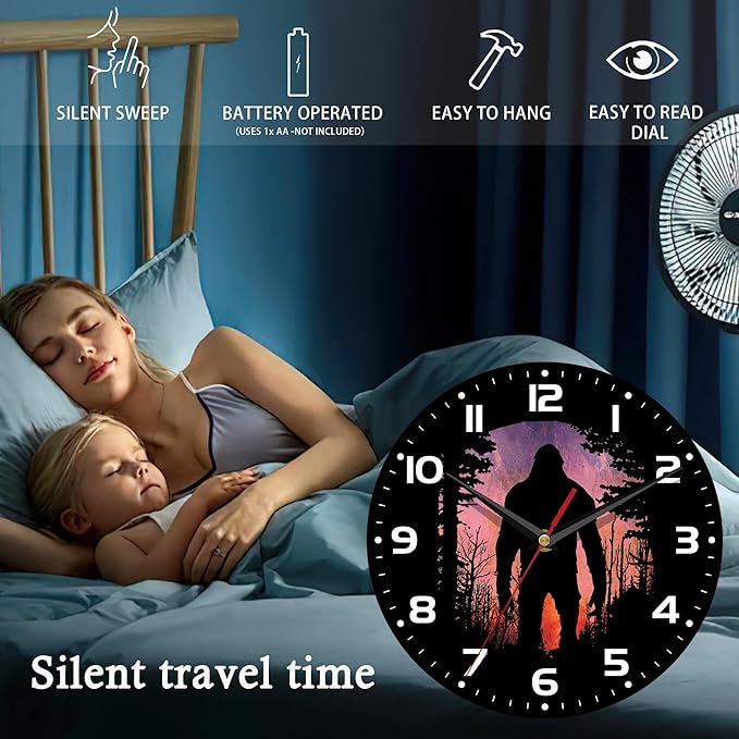 Wall Clock, 10 Inch Silent Non-Ticking Home Kitchen Decor, Battery Operated for Bathroom Bedroom Living Room Office(Bigfoot Forest Moon)
