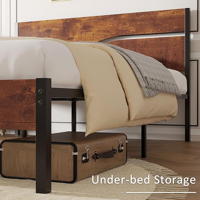 VECELO Queen Size Bed Frame with Headboard Wood, Solid and Strong Metal Platform Support, No Box Spring Needed