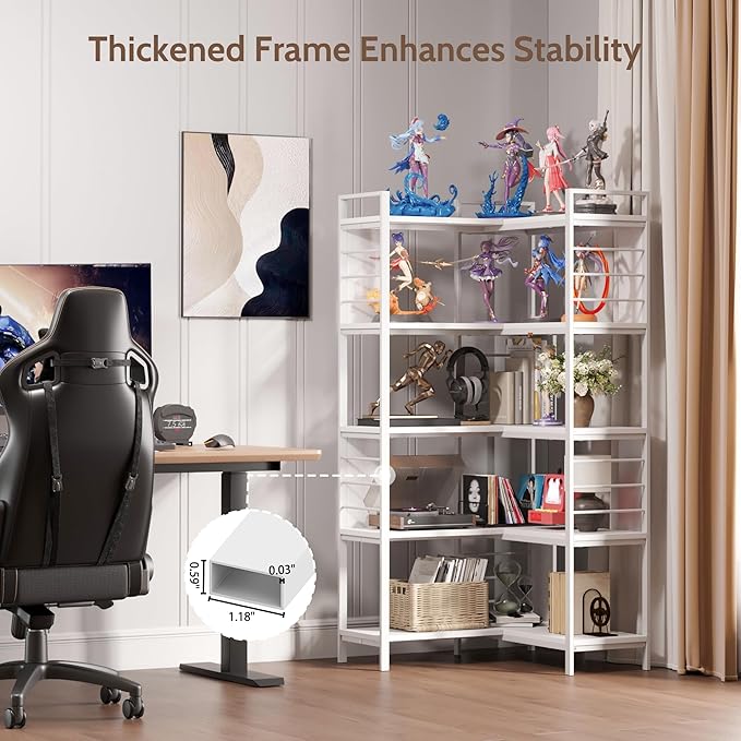 5 Tier Corner Bookshelf, Reversible Corner Shelf, Industrial Wooden Display Book Shelf Stand, L-Shaped Etagere Bookcase with Storage Shelves and Metal Frame for Living Room, Bedroom, Home Office