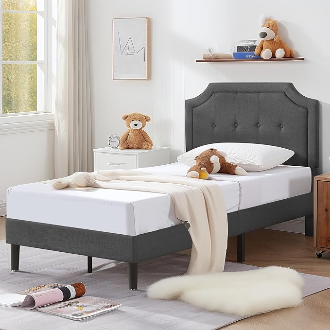 VECELO Twin Upholstered Platform Bed Frame with Adjustable Button Stitched Panel Headboard,Strong Wood Slat Support,Velcro Design,Mattress Foundation/Easy Assembly,Grey