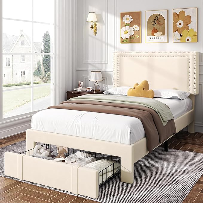 VECELO Twin Platform Bed Frame with Storage Drawer, Adjustable Velvet Rivet Headboard, Wooden Slats Support, No Box Spring Needed, Easy Assembly