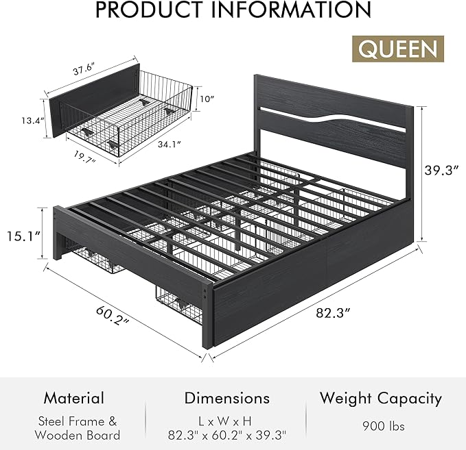 VECELO Queen Size Platform Bed Frame with 4 Drawers and Wood Storage Headboard, Heavy Duty Metal, Large Storage, Noise-Free, No Box Spring Needed, Easy Assembly, Black