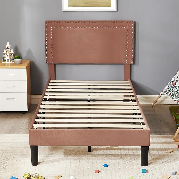 VECELO Platform Bed Frame Twin Size with Adjustable Upholstered Headboard, Strong Wood Slat Support, No Box Spring Needed, Easy Assembly