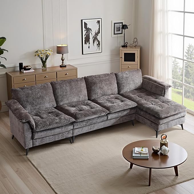 VINGLI 129” Oversized L-Shaped Cloud Sectional Sofa, Memory Foam Couch with Reversible Chaise Lounge, Comfy Couch with Double-Layer Deep Seat Cushions, Modern Sofa for Living Room, Chenille, Grey