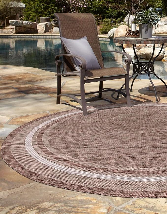 Unique Loom Outdoor Border Collection Area Rug - Soft Border (5' 3" Round Brown/Ivory)