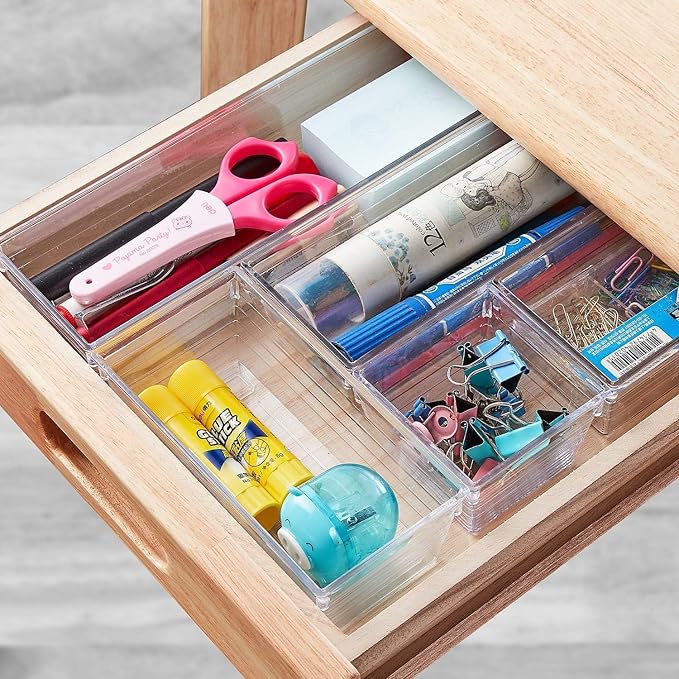 14-Piece Modular acrylic clear drawer dividers and storage bins- 4-Size Clear plastic Drawer Organizer Trays for Vanity,Dresser, Bathroom, Kitchen, Office Gadgets Utensils