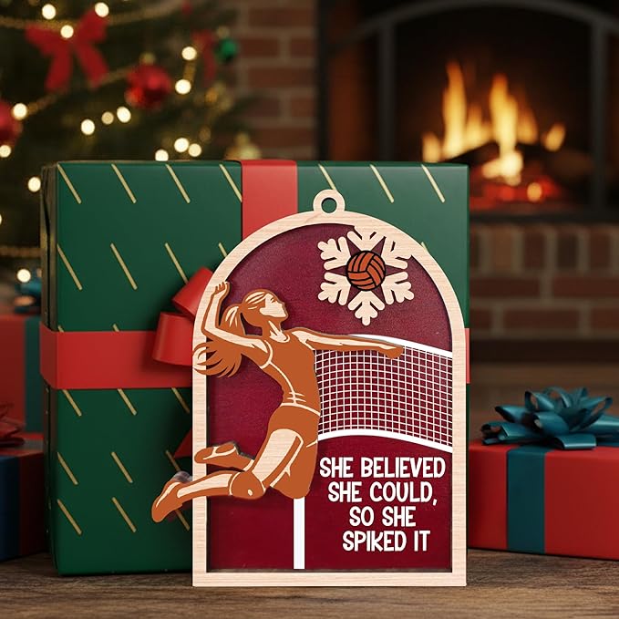 Volleyball Christmas Ornament 2025-2 Layer Wooden Volleyball Ornaments for Christmas Tree - Sports Ornaments for Team, Players, Coaches, Family, Friends, Sport Lovers - Sports Themed Hanging Decor