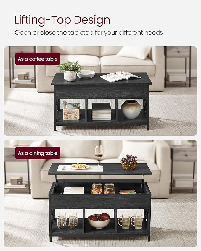 VASAGLE Lift Top Coffee Table, Lift Coffee Table with Storage Shelf, Hidden Compartments and Lifting Top, for Living Room, Office, 19.7 x 39.4 x (19.3-24.4) Inches, Black with Wood Grain ULCT202B22