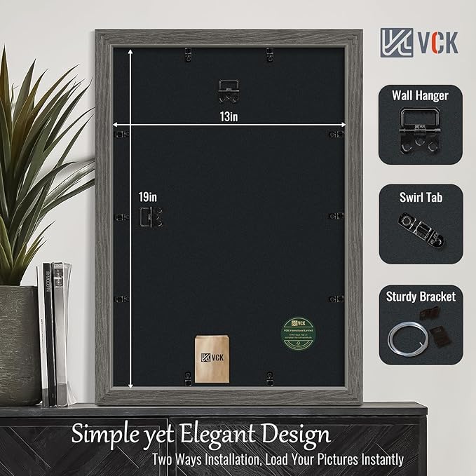 VCK 13x19 Picture Frame Set of 4 - Grey, Gallery-Quality Wood Poster Frames, 1.1-Inch Wide Border, Polished Plexiglass, Vertical or Horizontal Wall Display for Photo/Art/Prints, Grey