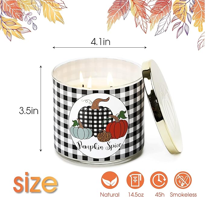 Pumpkin Spice Scented Autumn Candle - Large 3 Wicks, 14 oz