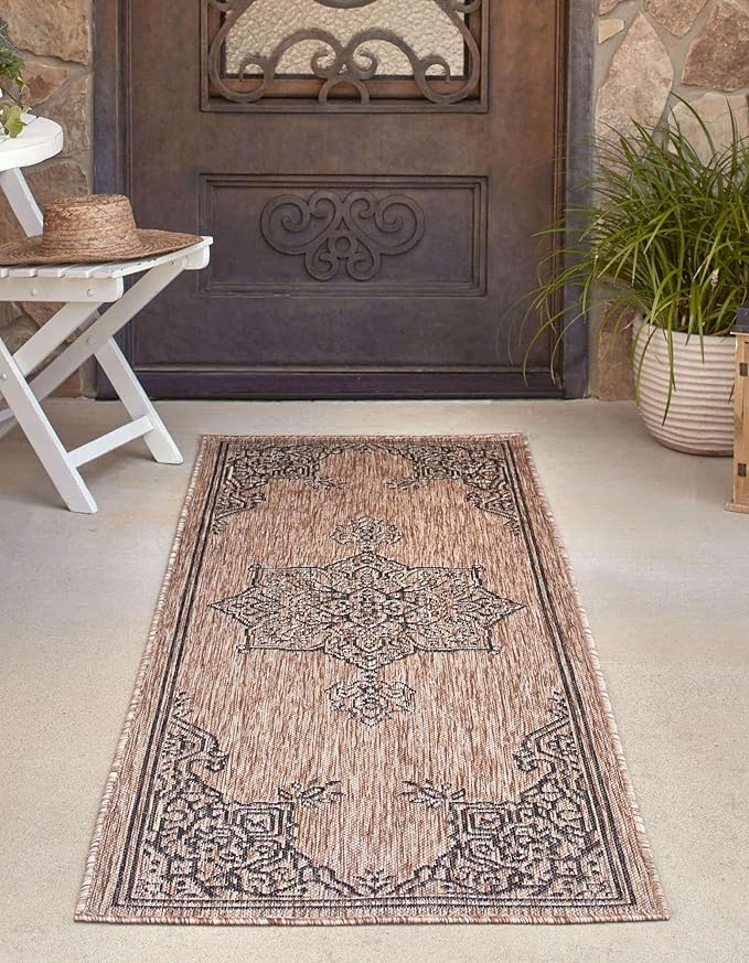 Unique Loom Outdoor Traditional Collection Area Rug - Antique (2' x 8' Runner Beige/Black)