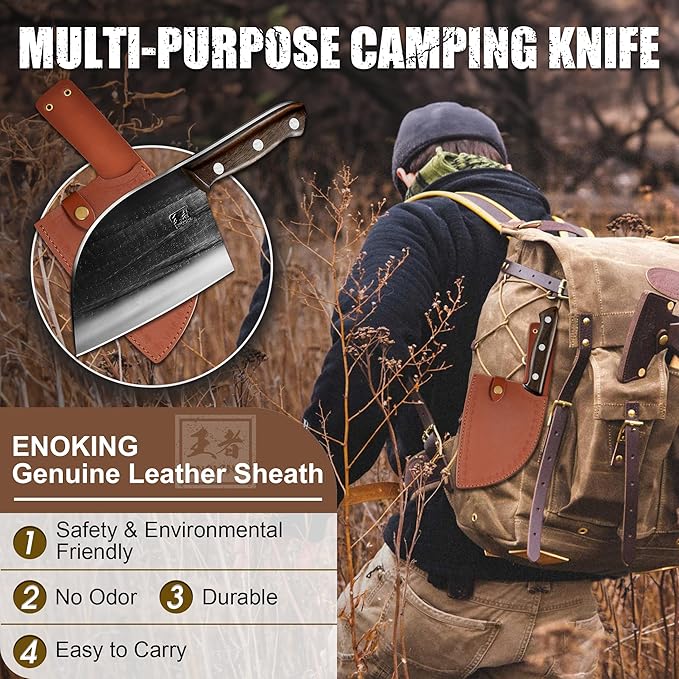 ENOKING Butcher Knife for Meat Cutting, 6.6 Inch HandForged Meat Cleaver Knife Heavy Duty Bone Chopper, High Manganese Steel Serbian Chef Knife with Leather Sheath and Full Tang Handle (Brown Handle)