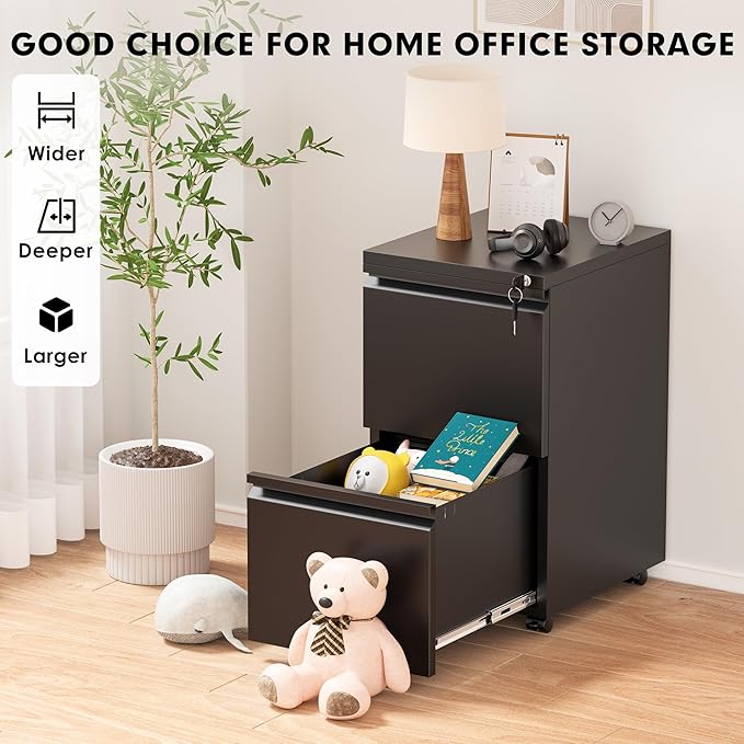 Greenvelly 2 Drawer Mobile File Cabinet with Lock, Metal Filing Cabinet on Wheels, Under Desk File Cabinet for Home Office Organizer Letter/Legal/A4 File (Assembly Required, Black)