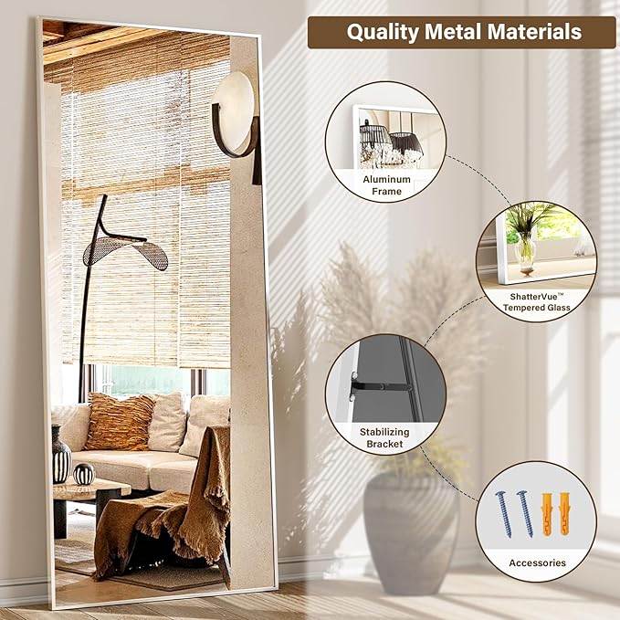 68"x 24" Full Length Mirror with Stand, Large Wall-Mounted or Leaning Floor Mirror with Aluminum Alloy Frame, Rectangular Wall Mirrors for Bedroom, Entryway, and Living Room Decor, Silver