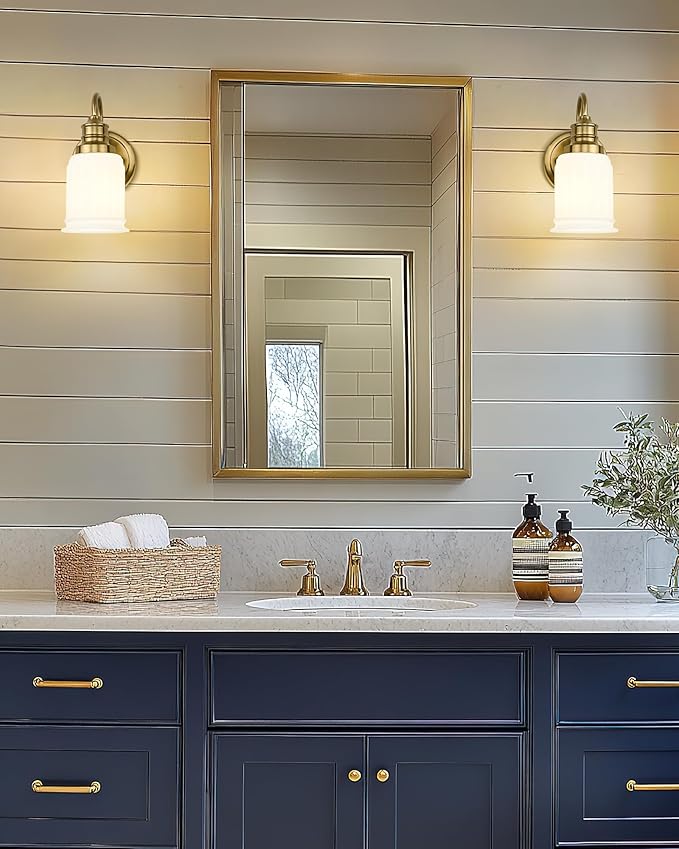 HWH Modern Bathroom Wall Sconces, 1-Light Vanity Light Wall Lamp with Frosted White Bell-Shaped Glass, Brushed Gold Finish, 5HZG106B BG