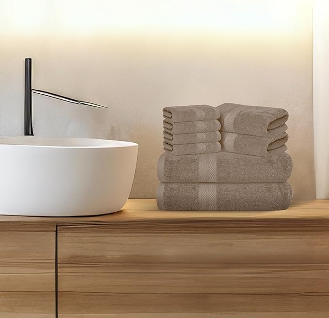 Avalon Towels Luxury 8 Piece Towels Set, 2 Bath Towels, 2 Hand Towels and 4 Washcloths, 600 GSM 100% Ring Spun Cotton Highly Absorbent Bathroom Towel Set, Ideal for Hotel, Spa and Gym (Beige)