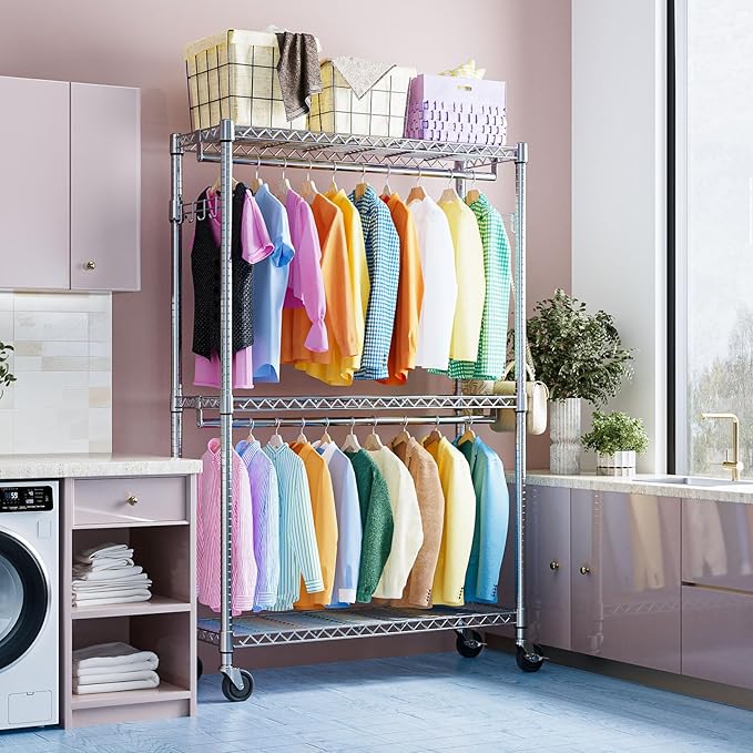 IZEUK Heavy Duty Garment Rack on Wheels, Rolling Closet Rack for Hanging Clothes with 2 Clothes Rods, 3 Tiers & Side Hooks, Freestanding Adjustable Metal Wardrobe,15.7" D x 45.3" W x 79.6" H, Chrome