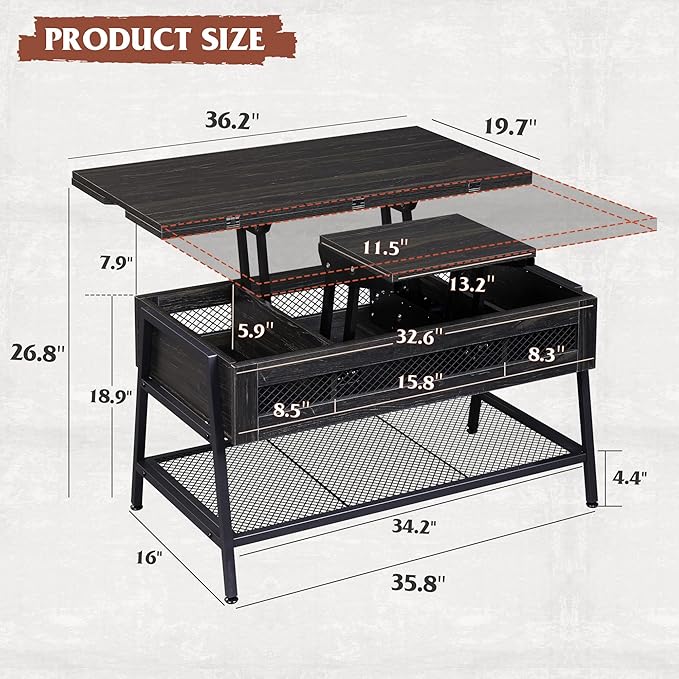 WLIVE Lift Top Coffee Table, 3 in 1 with Hidden Compartment, Multi-Function Coffee Table Converts to Dining Table for Living Room,Charcoal Black