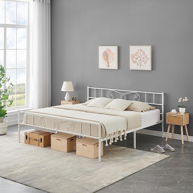 Metal Platform Bed Frame with Headboard & Footboard, Steel Slats Mattress Foundation No Box Spring Needed, 800Lbs Capacity, Noise-Free